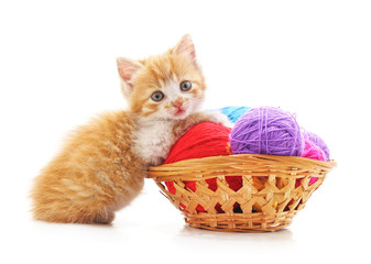 Fototapeta na wymiar Kitten with balls of yarn in the basket.