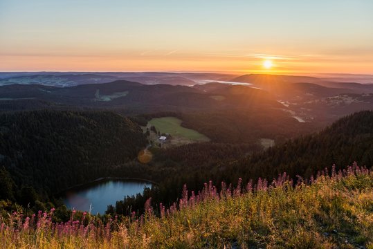 Sunrise, view east towards Feldsee from Feldberg, Black Forest, Baden-Wurttemberg, Germany, Europe