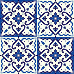 Vintage tile pattern vector seamless with blue and white ornaments. Portugal lisboa azulejos ceramic motif texture. Majolica mosaic background for kitchen wall or bathroom floor.