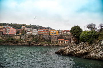 Fototapeta premium Amasra landscape with sea and town- Amasra is a small sea resort town in Bartin / Turkey 