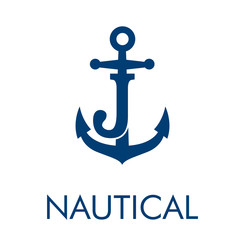 Logotipo abstracto con texto NAUTICAL con letra J en ancla en color azul