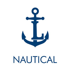 Logotipo abstracto con texto NAUTICAL con letra L en ancla en color azul