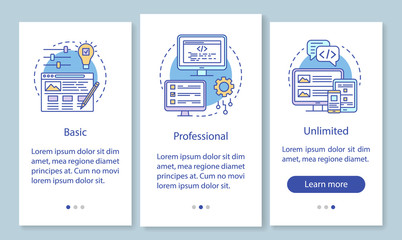 Website builder pricing onboarding mobile app page screen with linear concepts