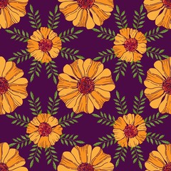 Seamless pattern with  marigold flowers and leaves for fabric, textile, wrapping paper, card, invitation, wallpaper, web design, background. Elements isolated on background, editable details. 