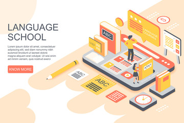 Vector illustration of people learning foreign languages on page of school website isometric vector illustration.
