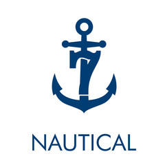 Logotipo abstracto con texto NAUTICAL con número 7 en ancla en color azul