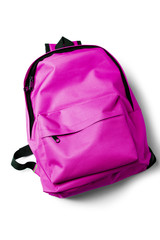 Top view of pink school backpack on white background.