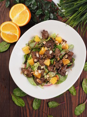 Fried meat with orange sauce on a white plate