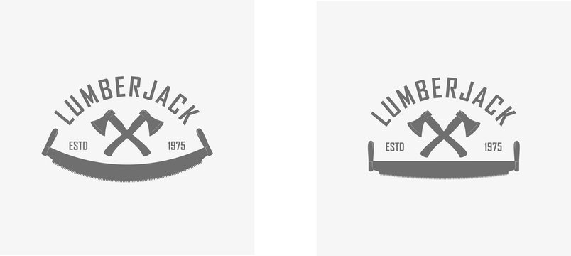 Illustration crossed text axes and saw. Logging company logo