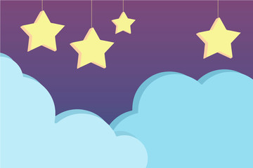 Obraz premium Night sky scene with cute purple cartoon style vector background with hanging three dimensional stars and light blue clouds, illustration suitable for children