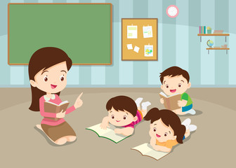 Teacher teaching Cute Childrens Reading Books