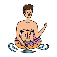 young man with swimsuit and float donut