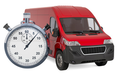 Commercial delivery van with chronometer. Fast delivery concept, 3D rendering