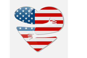 Love United States flag in heart shape with hugs. Heart flag icon. Vector illustration.