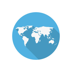 Icon world map on a blue circle in a flat design