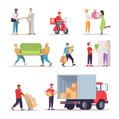 Delivery service workers flat illustrations set