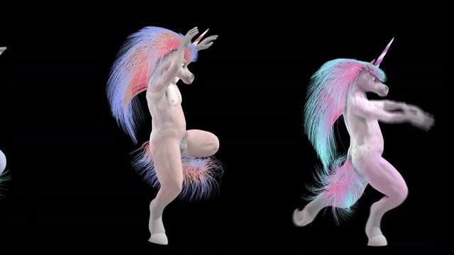 Seamless funny animation of go go dancer unicorns with long pink hair and isolated with alpha channel.