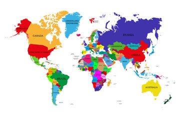 Colored political world map with names of sovereign countries and larger dependent territories. Different colors for each countries © stas111