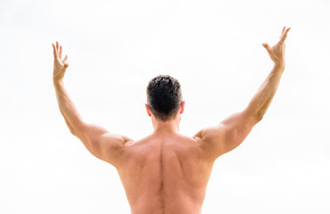 Man celebrating success. Bodybuilder strong muscular body feeling powerful and superior rear view. Achieve success. Great shape. Successful athlete. Victory and success. Champion and winner concept