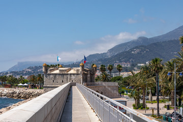 The bastion in port. Old town architecture of Menton on French Riviera. Provence-Alpes-Cote d'Azur,...