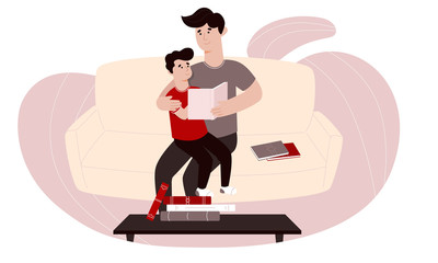 Father and his son spending time together. Dad reading books to his son. Caring father helping his child with school lessons. Adult teaches a kid. Loving family concept. Father's Day illustration.