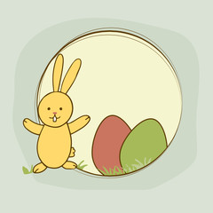 Cute bunny with eggs for Happy Easter celebration.