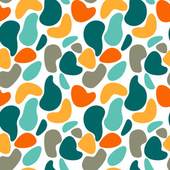 Seamless abstract pattern with spots and dots. Blue, orange, yellow, grey colors. Avan-garde cute cartoon background. Abstractionism style.