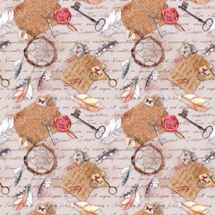 Vintage aged paper with hand written letters, old keys, vintage feathers, dream catcher for scrapbook