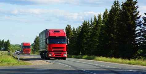 Fototapeta na wymiar shipping two red cargo trucks on the road being driven by the sun day