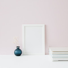 Mock up photo frame with blank space on pink background. Front view minimalist blog, website, social media hero header.
