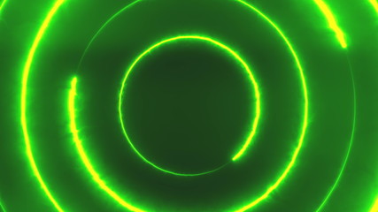 Neon bakcground flying through edless glowing rotating neon triangles creating a tunnel, green violet spectrum, fluorescent 3d rendering infinity light, modern colorful lighting, 4k