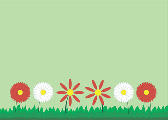 Flat simple style summer background With flowers, grass and copy space. Green style