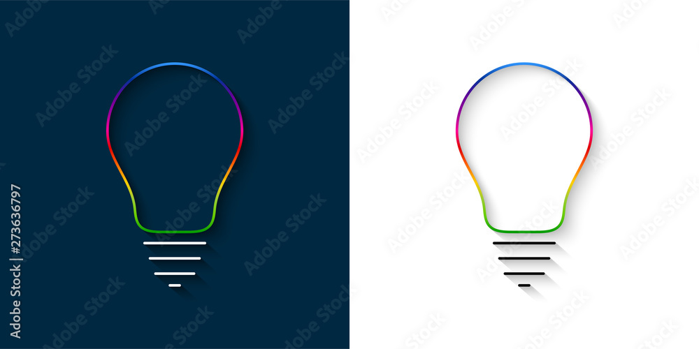 Poster Set of multicolor light bulb thin line icons with a long shadow. Idea and creativity symbols.