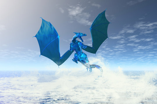 Fantasy illustration of an elemental water dragon rising from the sea, 3d digitally rendered illustration
