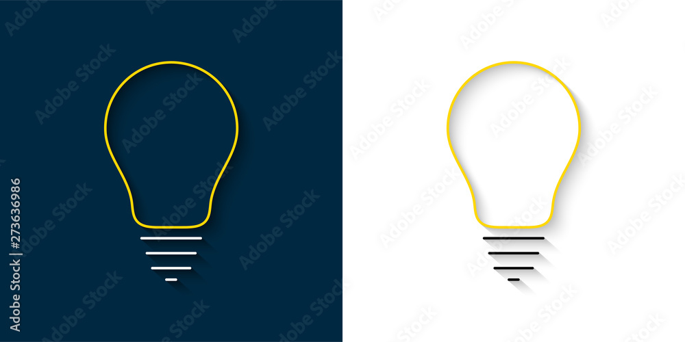 Poster set of yellow light bulb thin line icons with a long shadow. idea and creativity symbols.