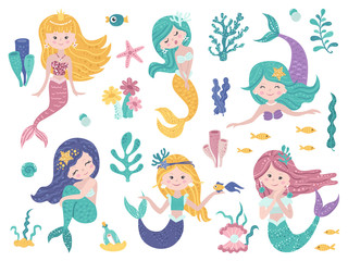 Fototapeta na wymiar Set of cute mermaids and sea nature.