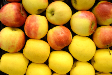 Pile of yellow ripe apples placed in a box