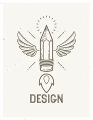 Pencil with wings launching like a rocket start up, creative energy genius artist or designer, vector design and creativity logo or icon, art startup.