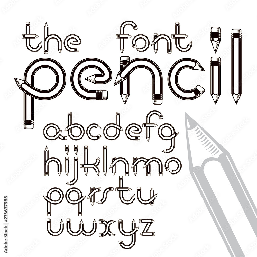 Fototapete set of vector lower case english alphabet letters isolated created with pencils, education idea. for