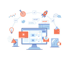 Digital Marketing concept. Landing page template. Business analysis, targeting, management. Social network and media communication. SEO, SEM. Vector illustration on white background.