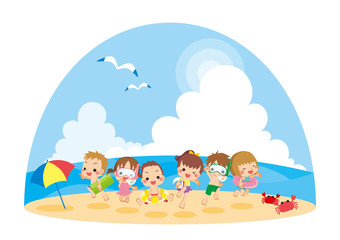 海水浴場で遊ぶ水着の子供たち