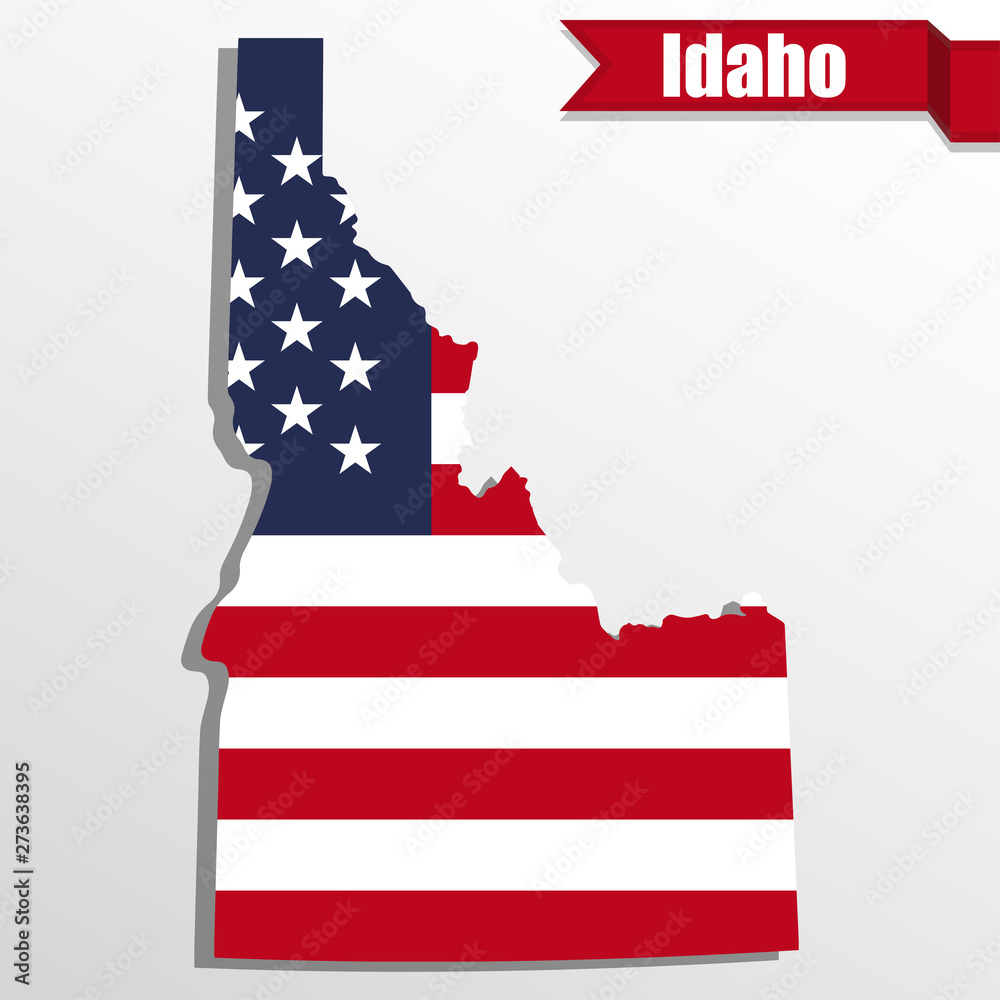 Poster idaho state map with us flag inside and ribbon