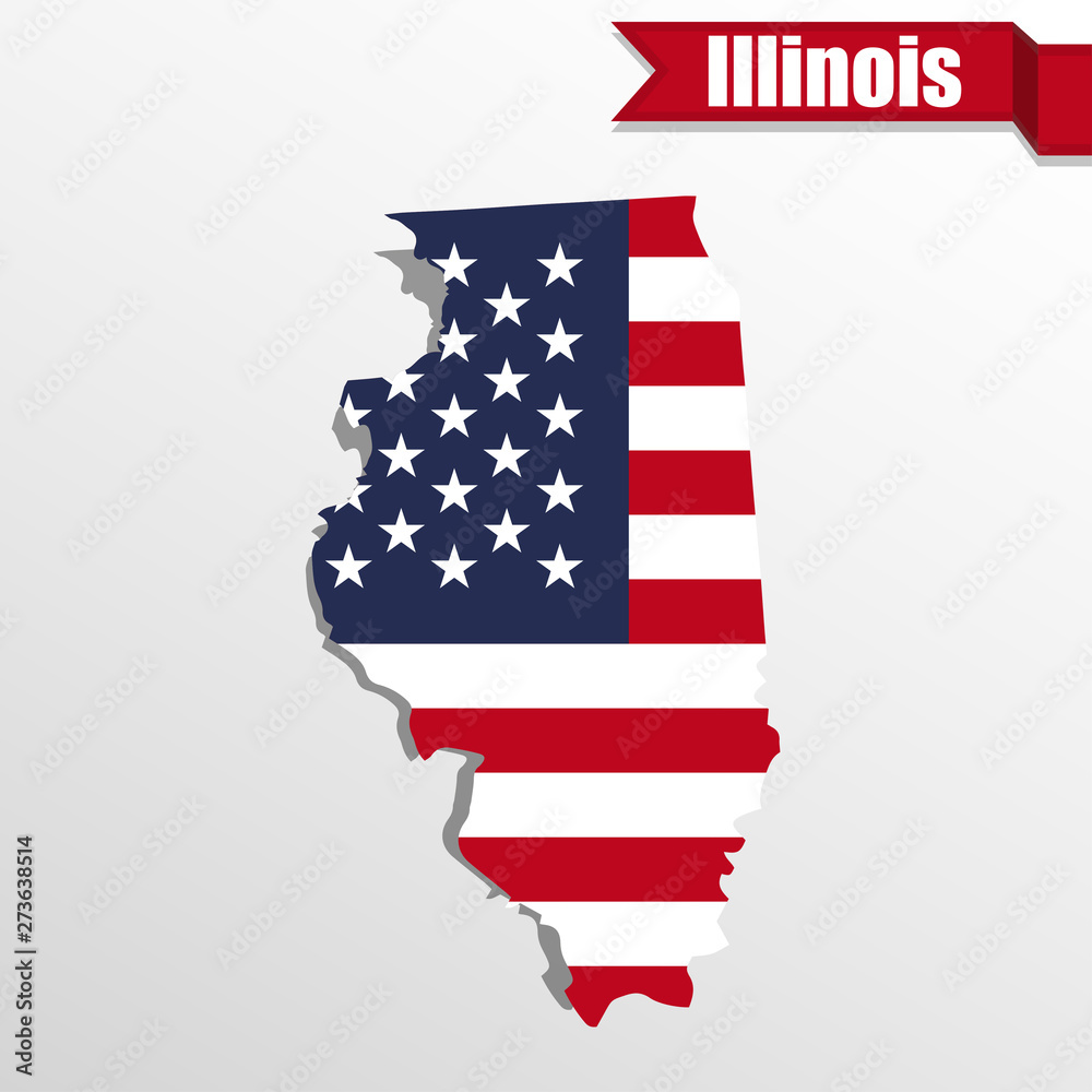 Poster Illinois State map with US flag inside and ribbon