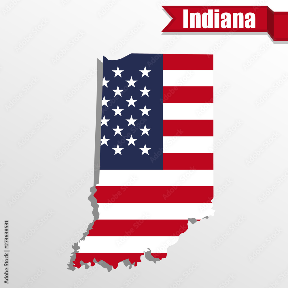 Poster indiana state map with us flag inside and ribbon