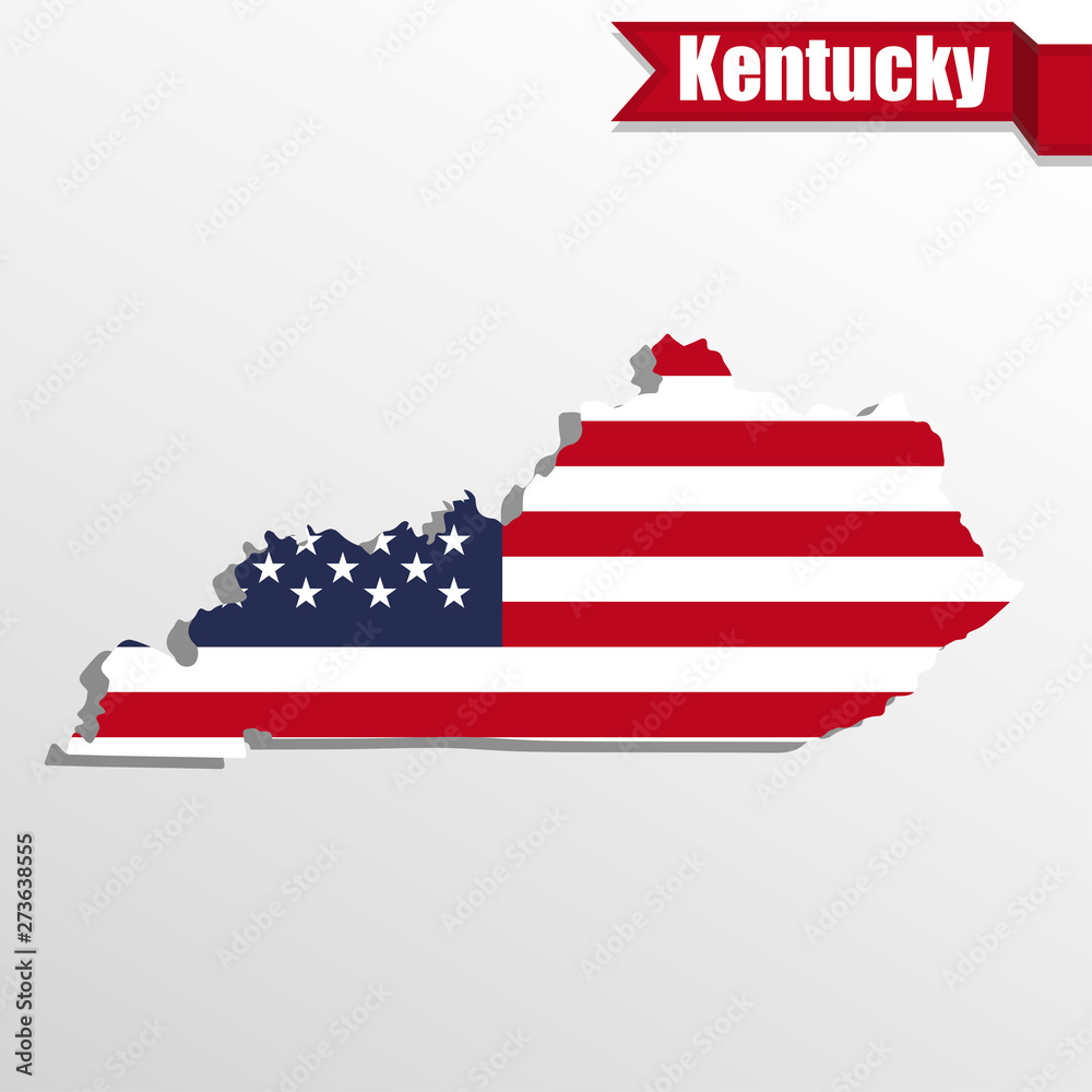 Wall mural Kentucky State map with US flag inside and ribbon