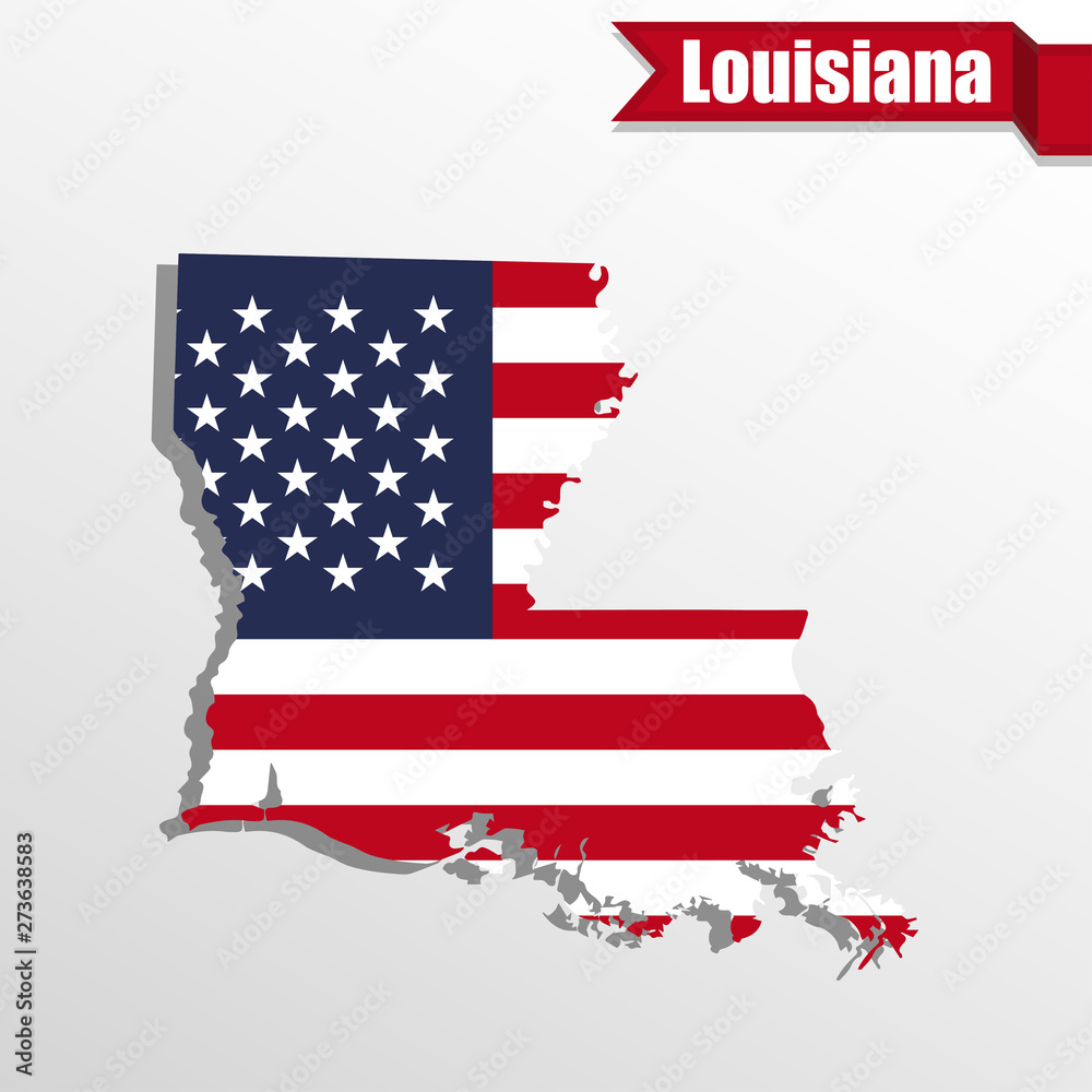 Poster louisiana state map with us flag inside and ribbon