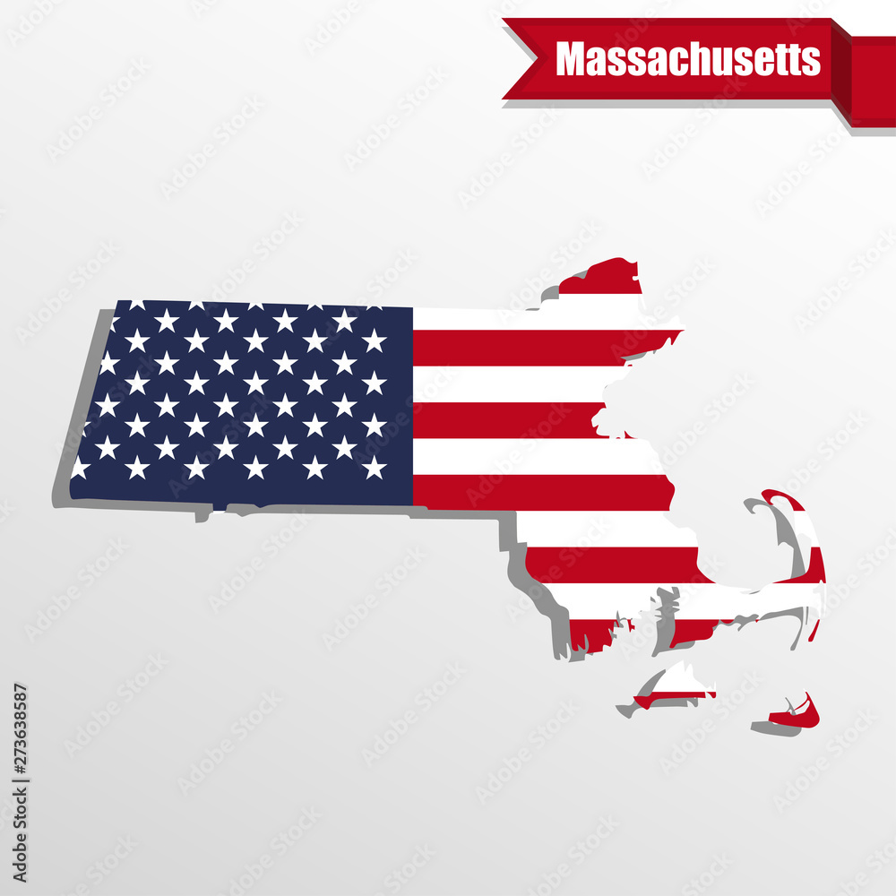 Poster Massachusetts State map with US flag inside and ribbon