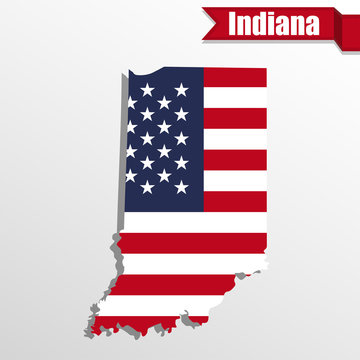 Indiana State map with US flag inside and ribbon