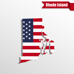 Rhode Island State map with US flag inside and ribbon