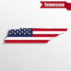 Tennessee State map with US flag inside and ribbon